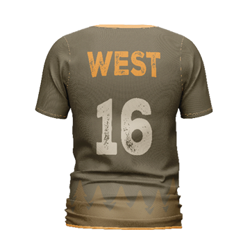 back side of brown uniform with name and number and orange trees on the bottom hem